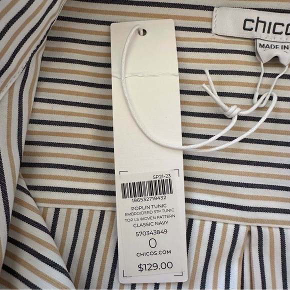 NWT Chico’s Poplin Tunic Embroidered Woven Pattern Button Up Shirt White Navy - Picture 12 of 14